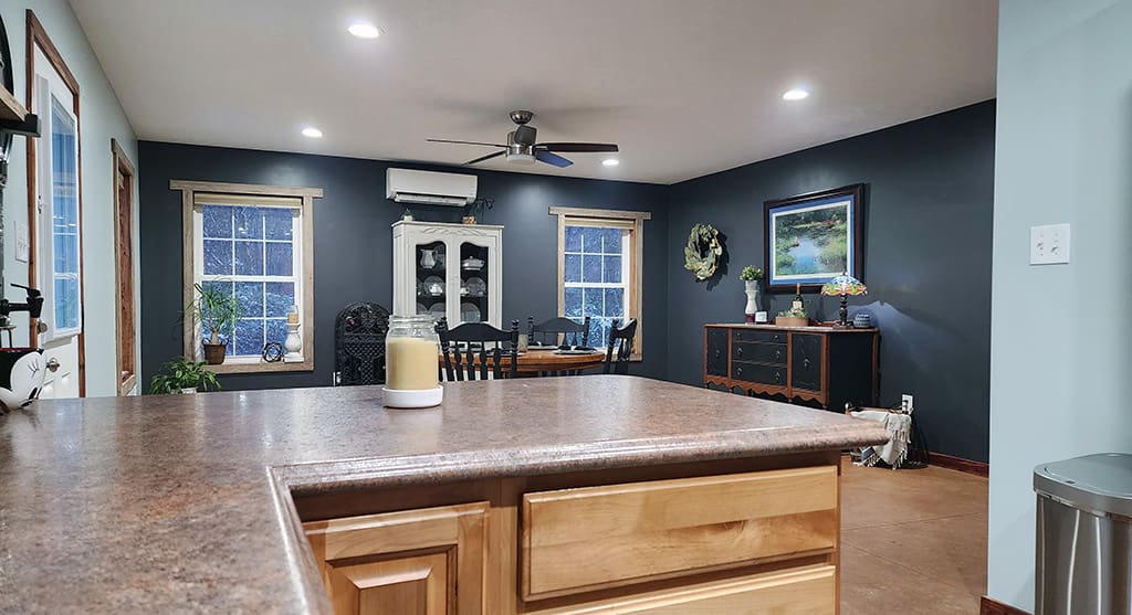 kitchen and dining room with fresh paint